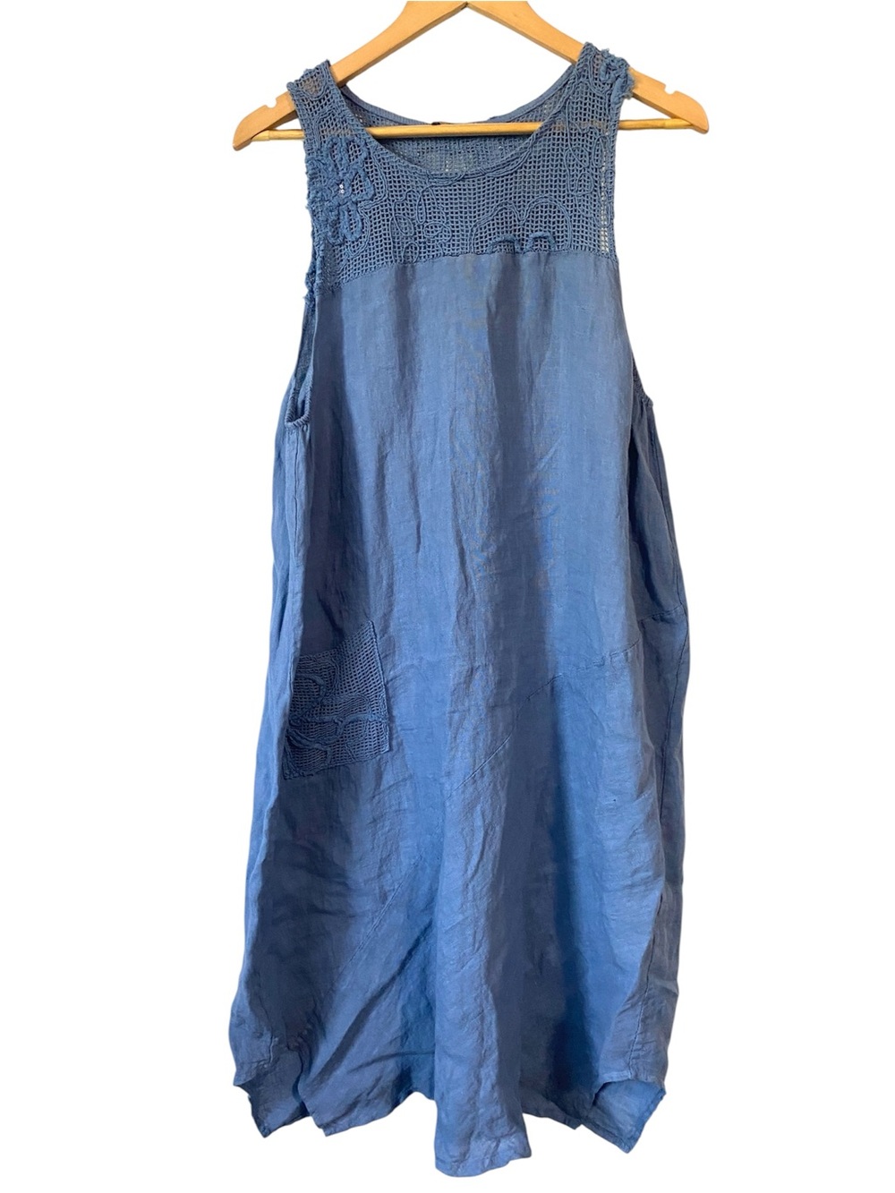 Beyond Capri Light Blue Linen Midi Dress Crochet Lace Pocket one Size